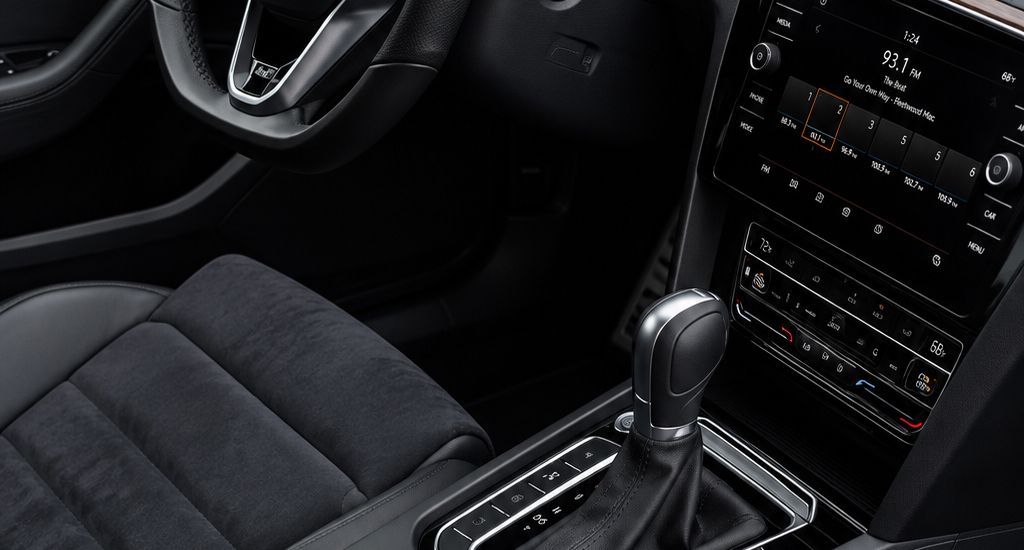 Black car interior with leather seat, steering wheel, center console, and gear shifter.