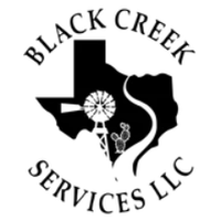 Black Creek Services LLC logo with Texas silhouette and windmill in black and white