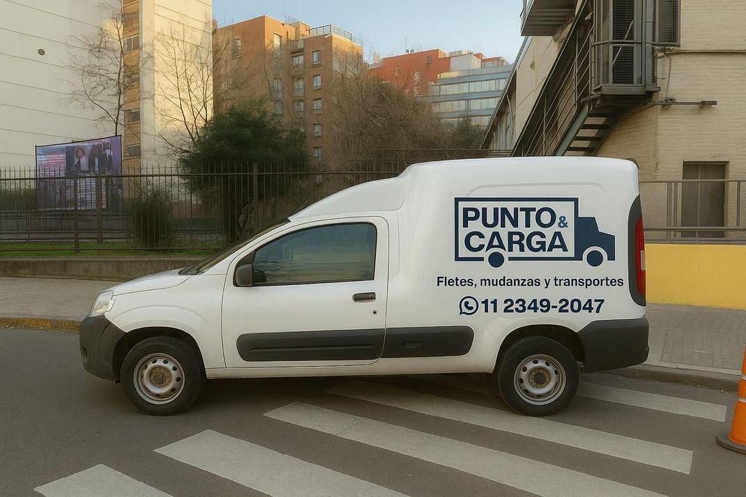 Furgoneta de reparto blanca en una calle, en cuyo lateral aparece un logo de 
