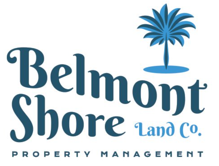 Belmont Shore Land Co. Logo for Belmont Shore Land Co. with palm tree icon and text, blue and white.