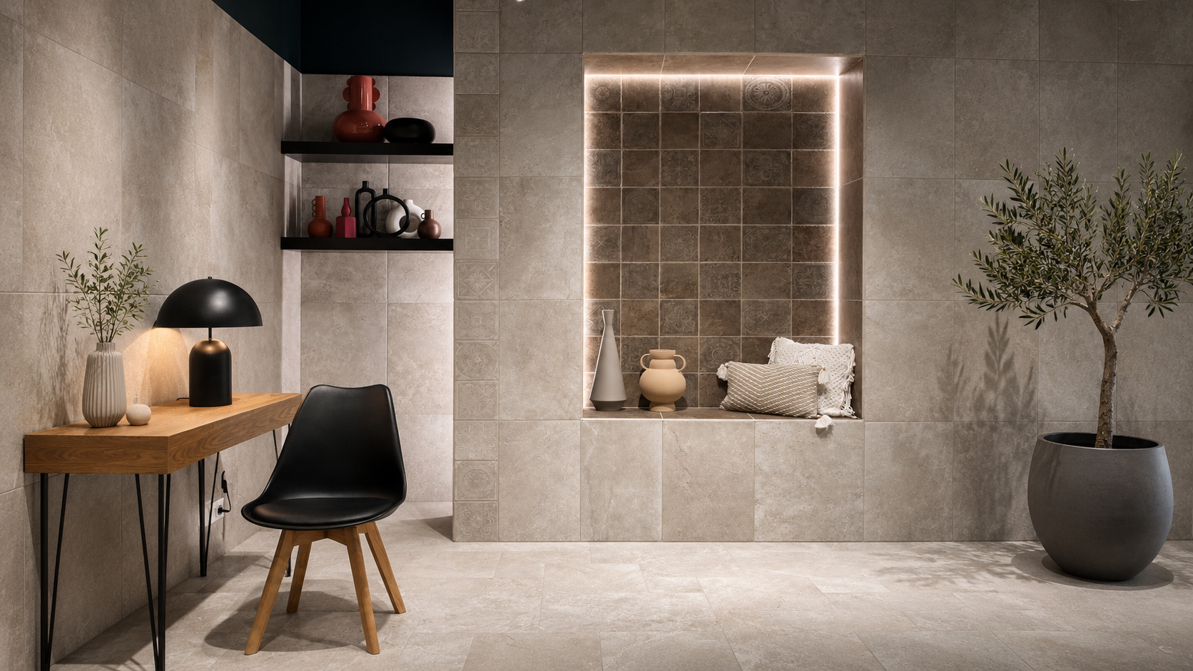 Ufficio domestico minimalista sui toni del beige con scrivania in legno, sedia nera, nicchia a muro piastrellata e pianta in vaso.