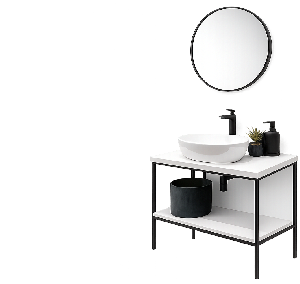 Mobile bagno moderno con lavabo bianco, specchio rotondo, mobiletto contenitore nero e pianta.
