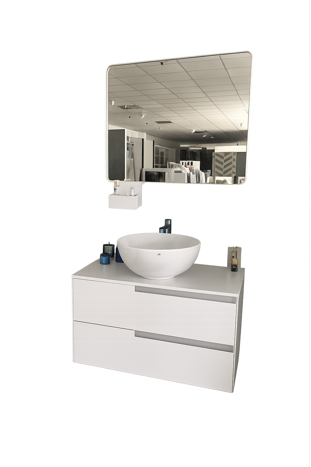 Mobile bagno moderno di colore bianco con lavabo rotondo, rubinetto, specchio e pensile a parete.