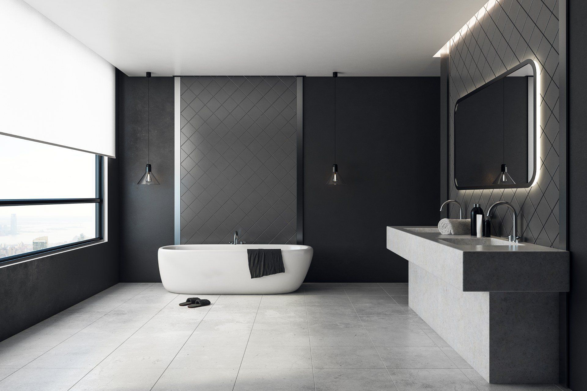 Bagno moderno di colore grigio con vasca freestanding, doppio lavabo, ampio specchio e luce esterna.