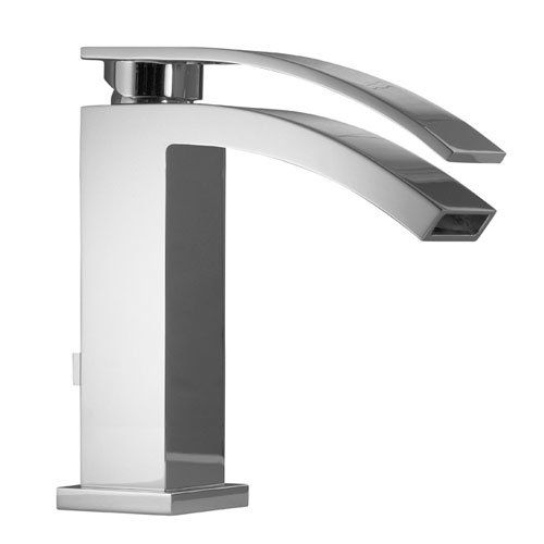 Rubinetto da bagno moderno cromato con beccuccio curvo e maniglia monocomando.