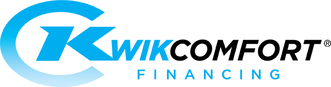 A blue and black logo for kwik comfort financing