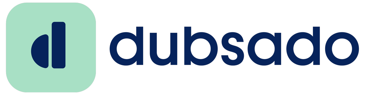 The logo for dubsado is a blue and green circle with the word dubsado on it.