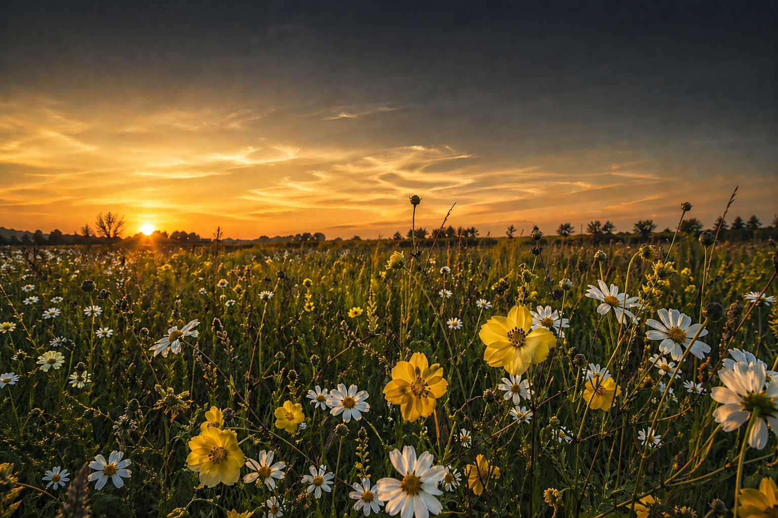 Wildflower meadow at sunset with white daisies and yellow blooms under a warm orange sky