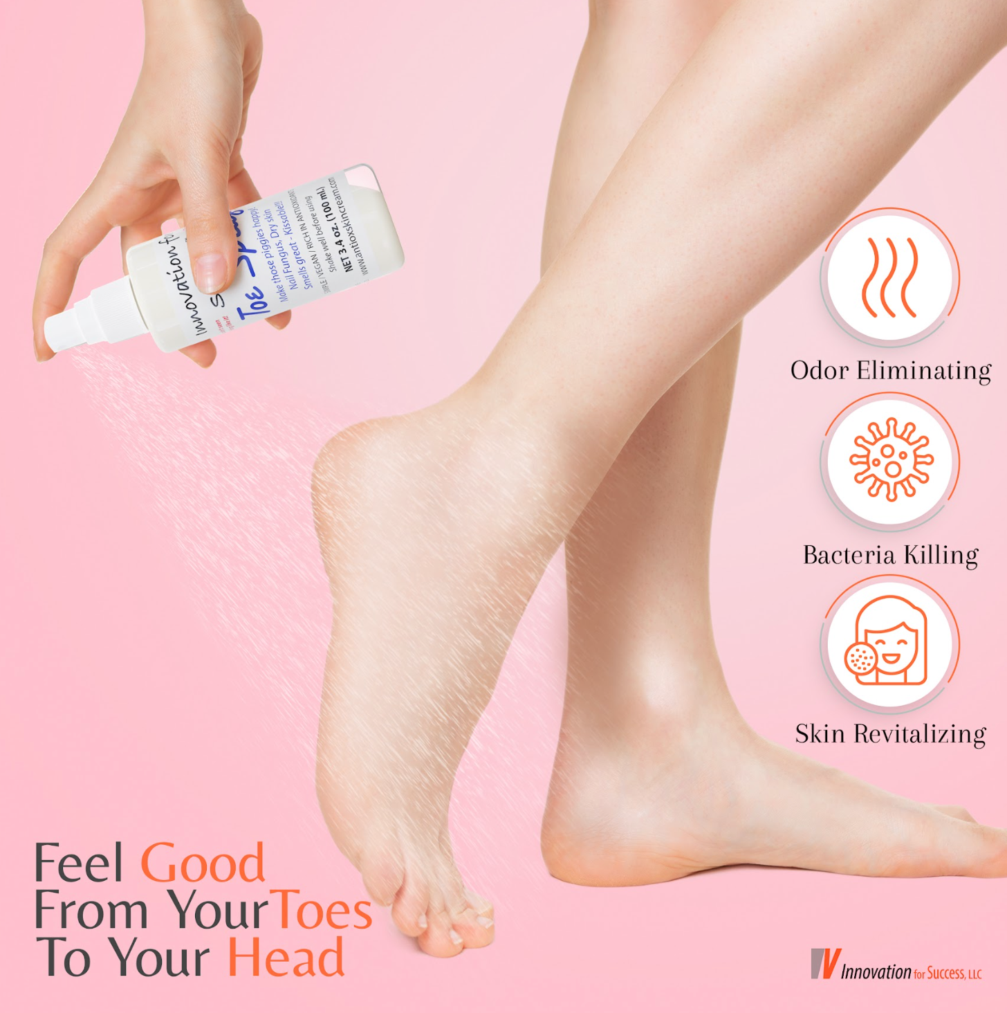 A woman is holding a bottle of lotion on her foot.