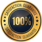 A gold and blue satisfaction guarantee seal