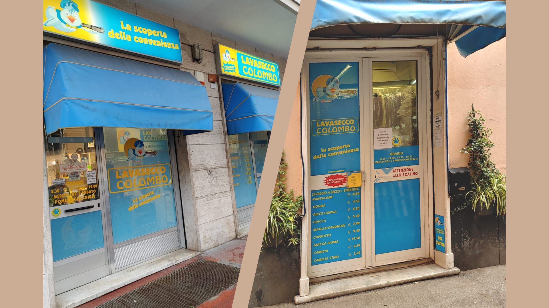 Due vetrine affiancate con tende da sole blu e insegne, forse un punto vendita di lotteria o scommesse.