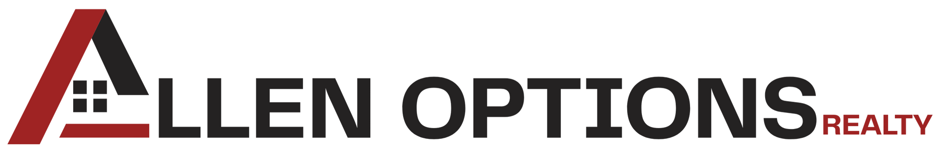 Logo for Allen Options Realty, featuring a stylized red and black letter A integrated with a house icon.