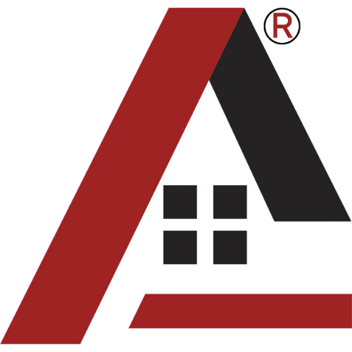 Logo featuring a stylized red and black 