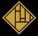 Gold and brown geometric logo in a diamond shape on a black background.