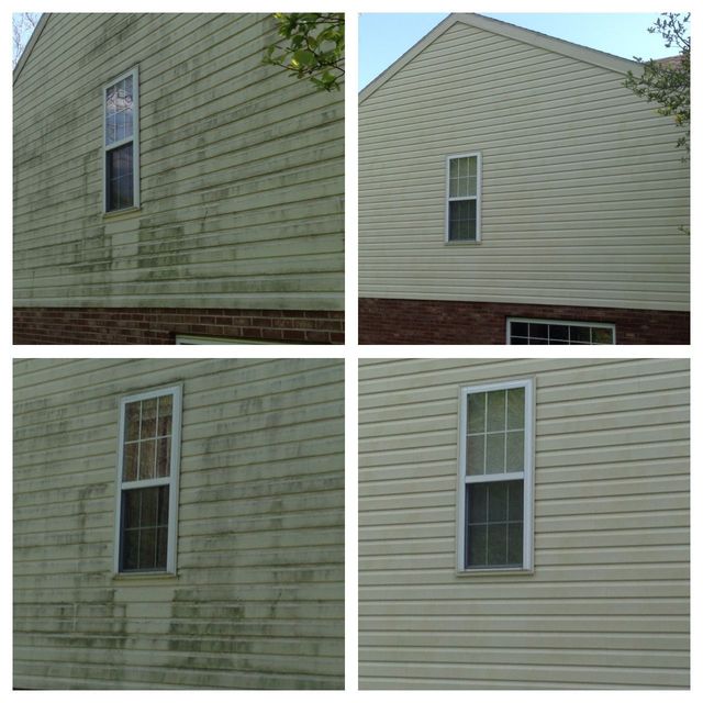 Before-and-after comparison of a light-colored house siding showing the removal of green algae and dirt buildup.
