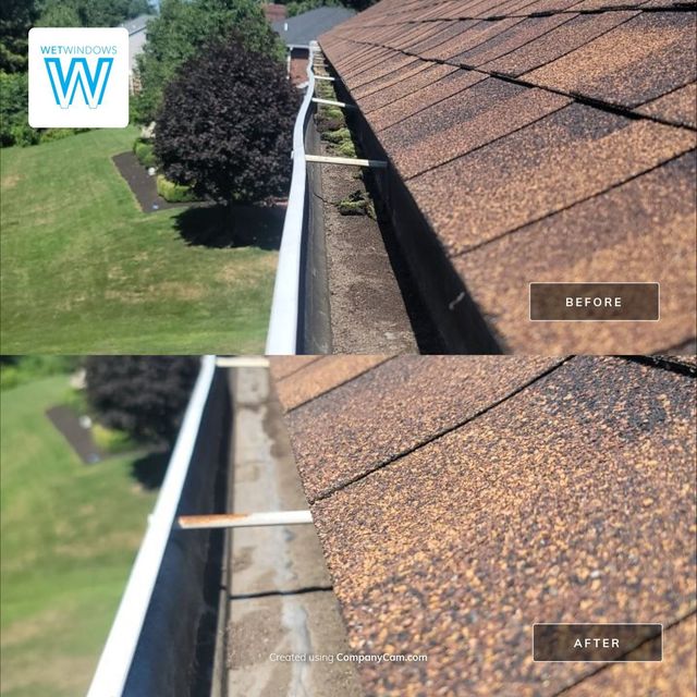 Before and after photos of a rain gutter, showing it filled with debris and then cleaned out.