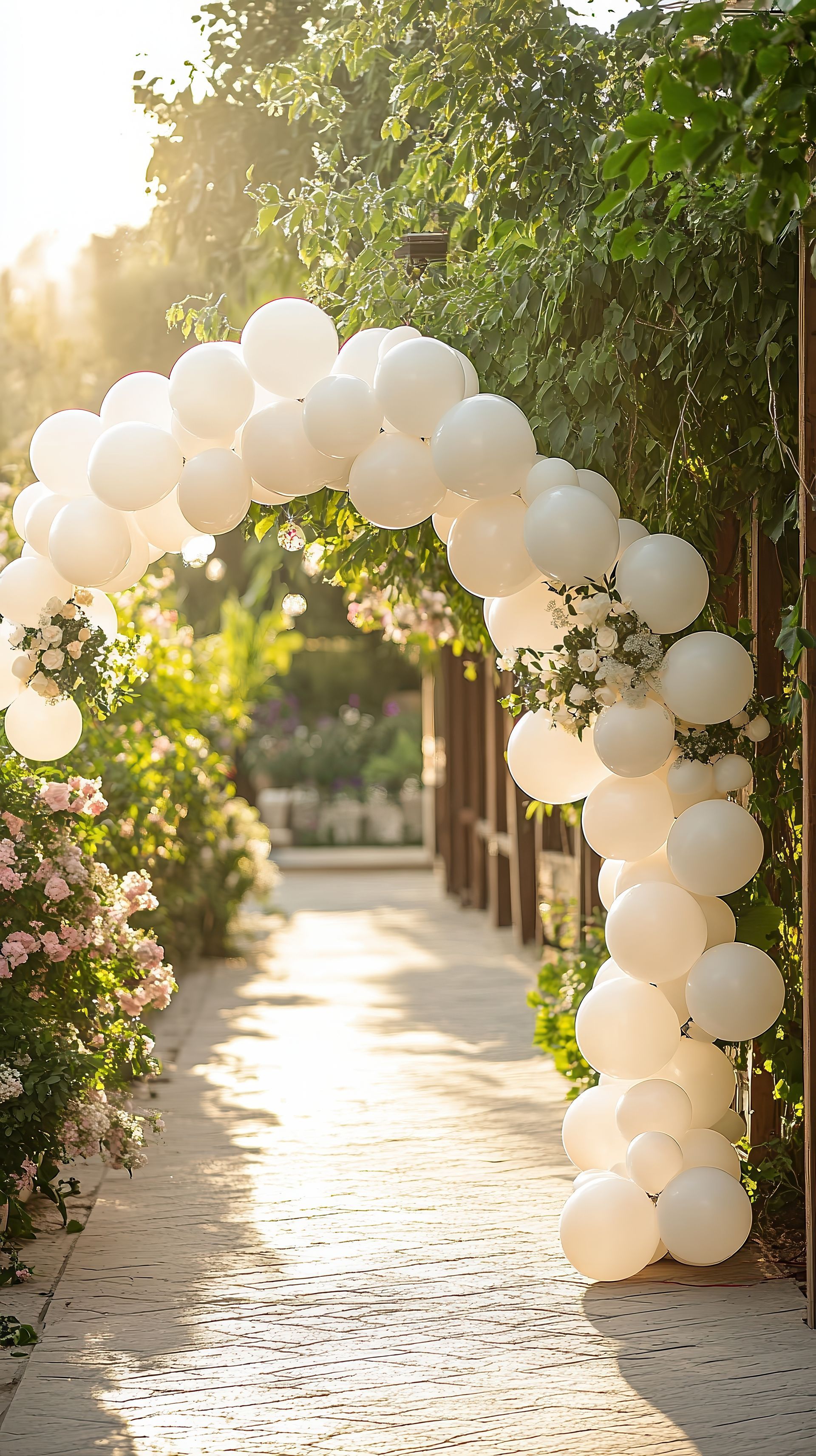 A room decorated with gold balloons and gold tinsel.