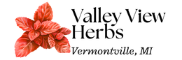 Valley View Herbs logo with red leaves and text “Vermontville, MI”