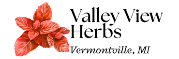 Valley View Herbs logo with red leaves and text “Vermontville, MI”