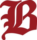 Stylized red Gothic letter B on a white background