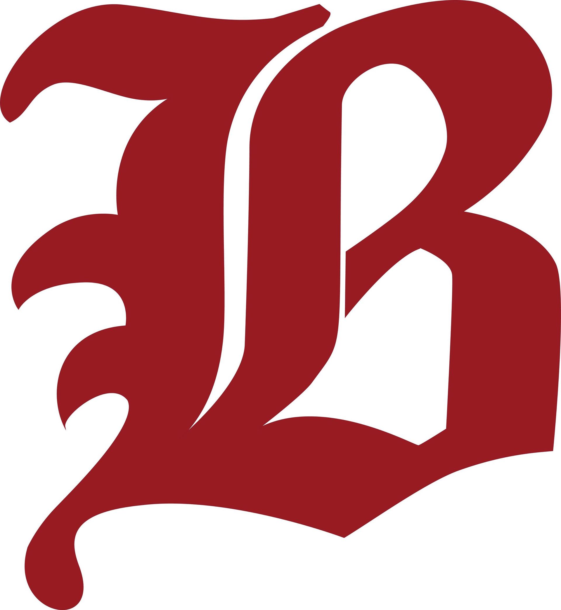 Stylized red Gothic letter B on a white background