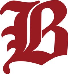 Stylized red Gothic letter B on a white background