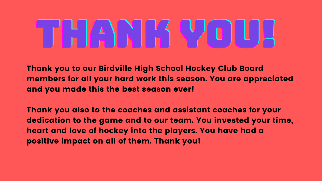 Pink thank-you note with blue “THANK YOU!” headline thanking Birdville High School hockey club and coaches.