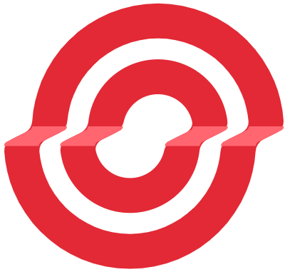 Red and white circular abstract logo with a horizontal wave-like band through the center