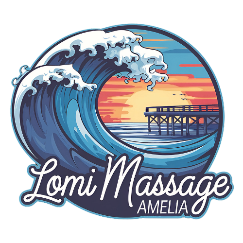 Lomi Massage Amelia logo with blue wave, sunset pier, and white script text