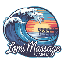 Lomi Massage Amelia logo with blue wave, sunset pier, and white script text