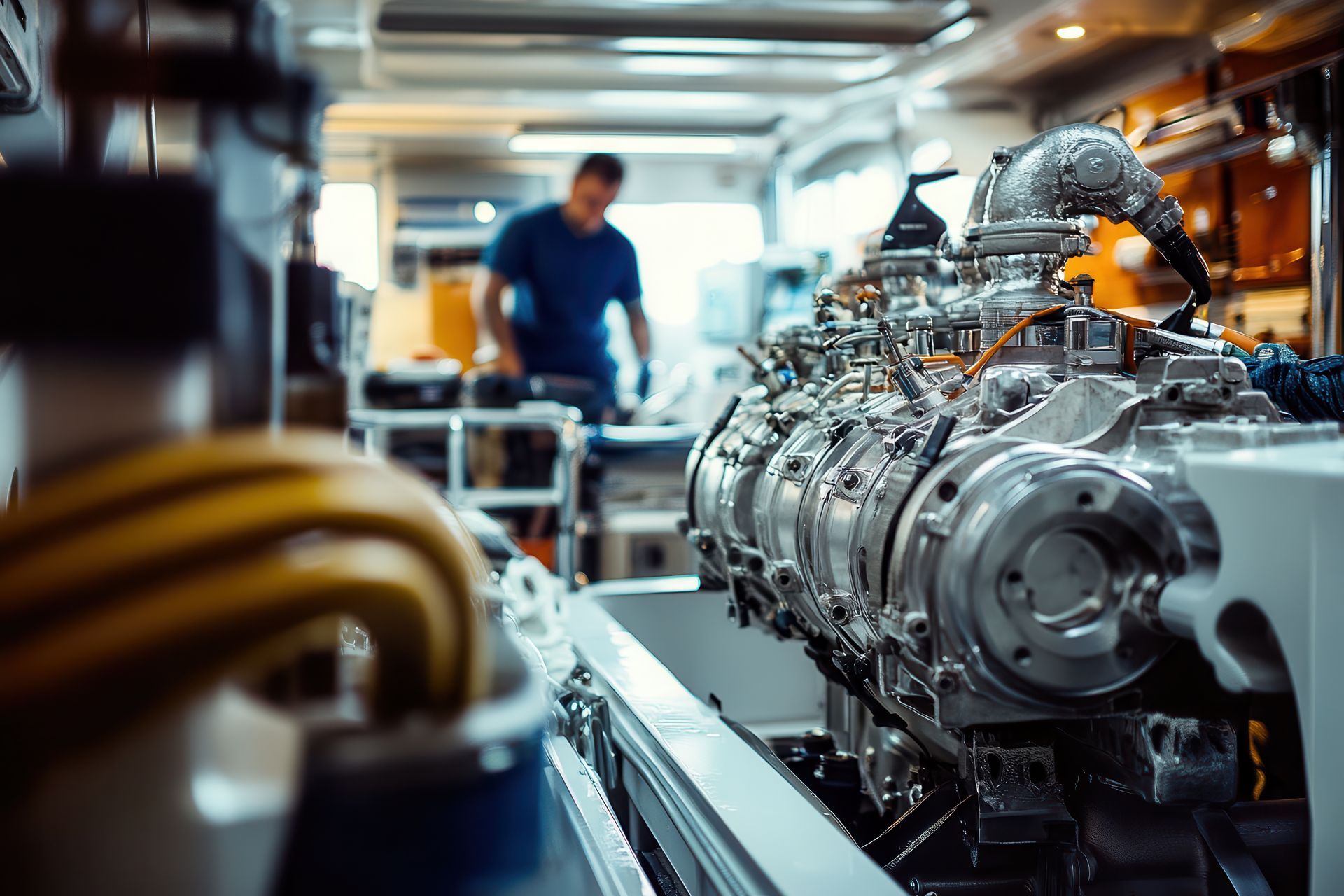 Technician working near a rebuilt boat engine on a bench inside a busy marine engine machine shop.