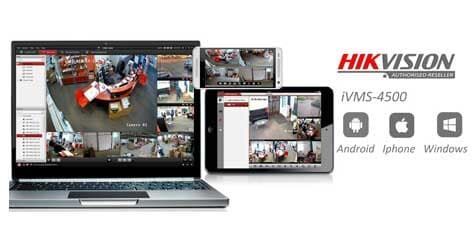 Una computadora portátil, una tableta y un teléfono están conectados a un sistema hikvision.