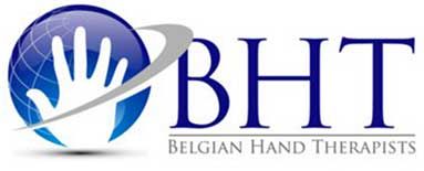 Logo van Belgian Hand Therapists (BHT). Wereldbol met daarin een hand, een grijze boog en donkerblauwe tekst.