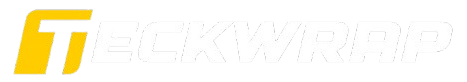 Yellow and white Teckworld logo on a white background