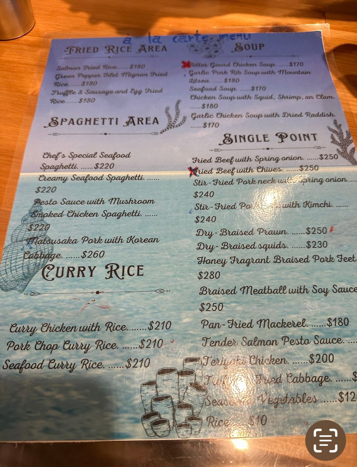 A menu for a restaurant includes spaghetti area and curry rice