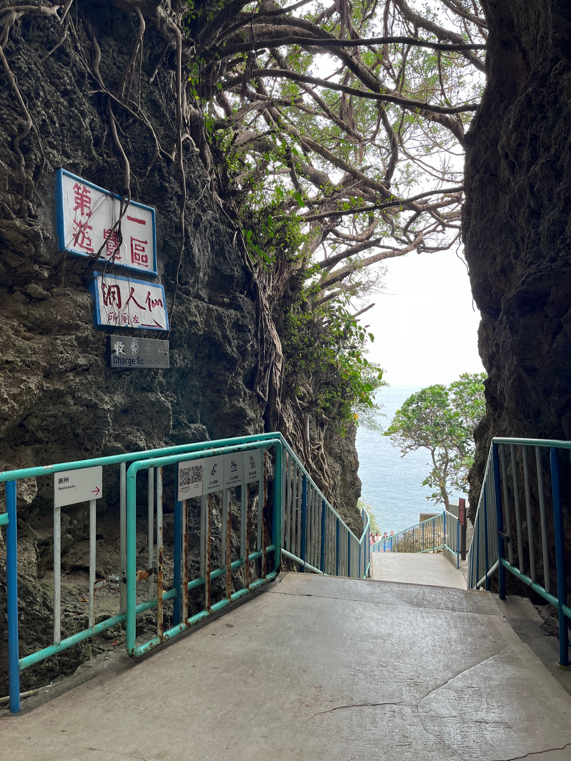 A staircase leading up to a cave with signs on the wall.