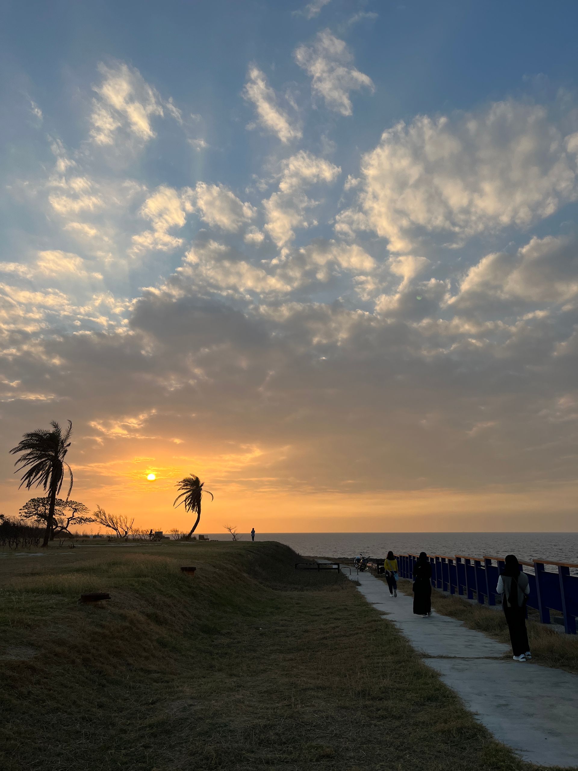 a group of people are walking down a path near the ocean at sunset .