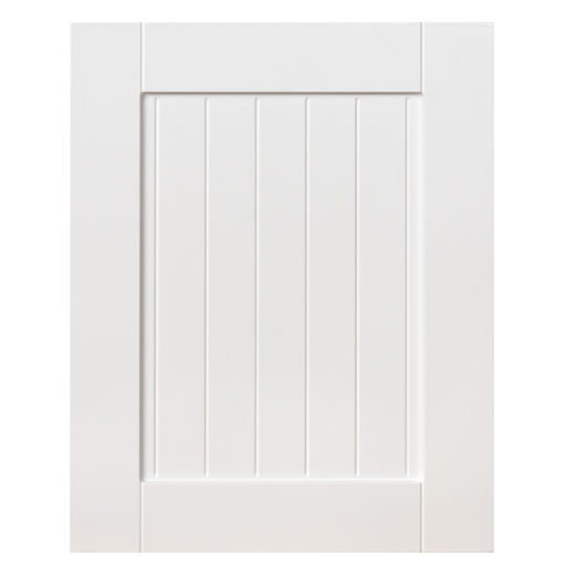 A close up of a white cabinet door on a white background.