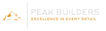 Logo for Peak Builders, featuring a mountain graphic and the company name,