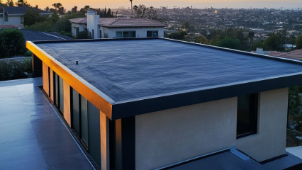 Modern house with a flat, dark roof.
