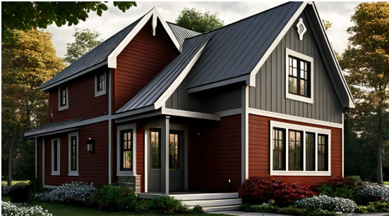 Two-story house with red and gray siding, black roof, white trim.