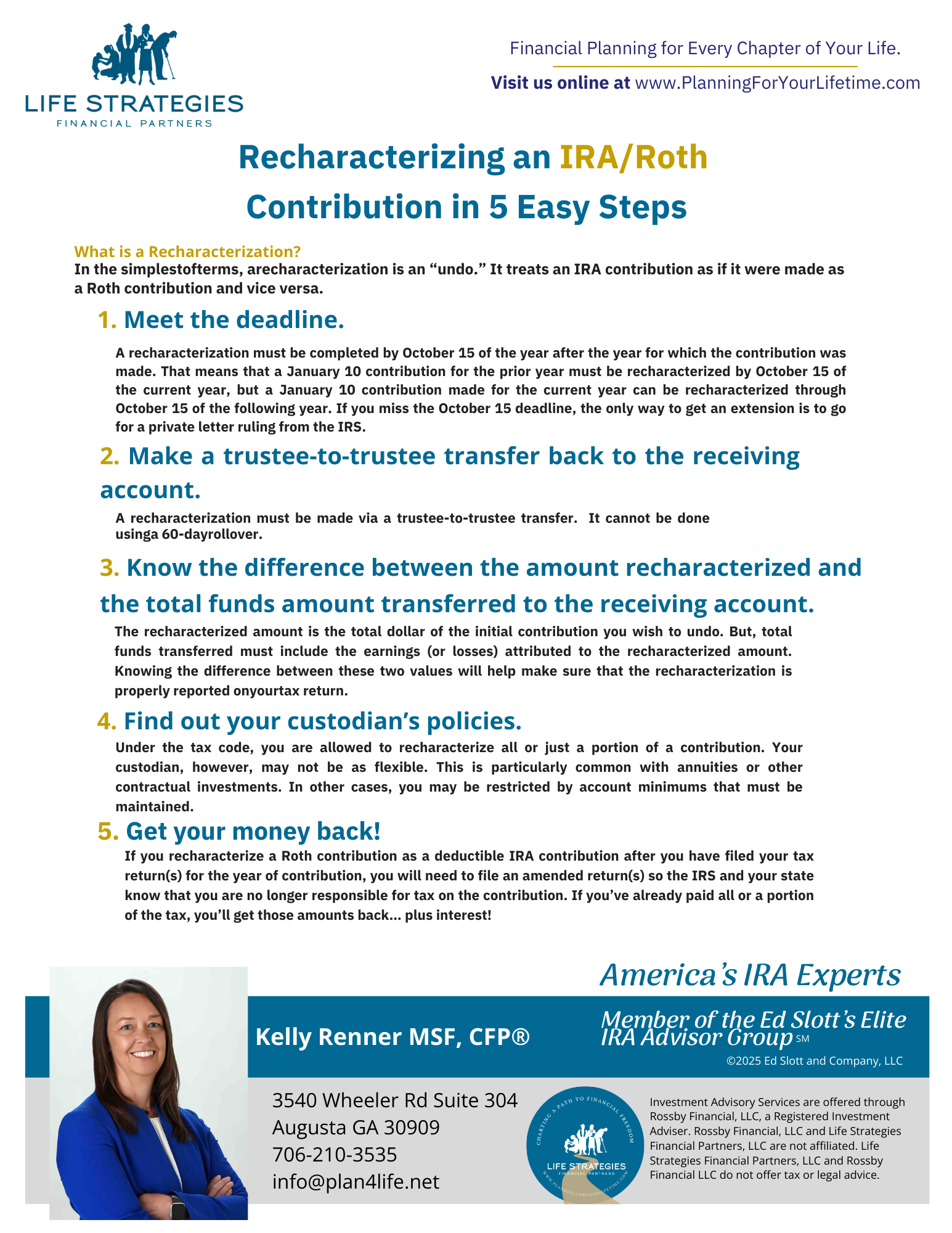 Flyer: Steps for recharacterizing an IRA/Roth contribution; includes a photo of Kelly Renner, a financial expert.