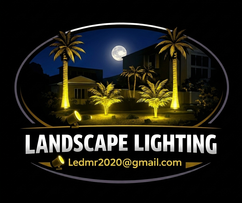 Landscape lighting logo with illuminated palm trees, moonlit night scene, and email address