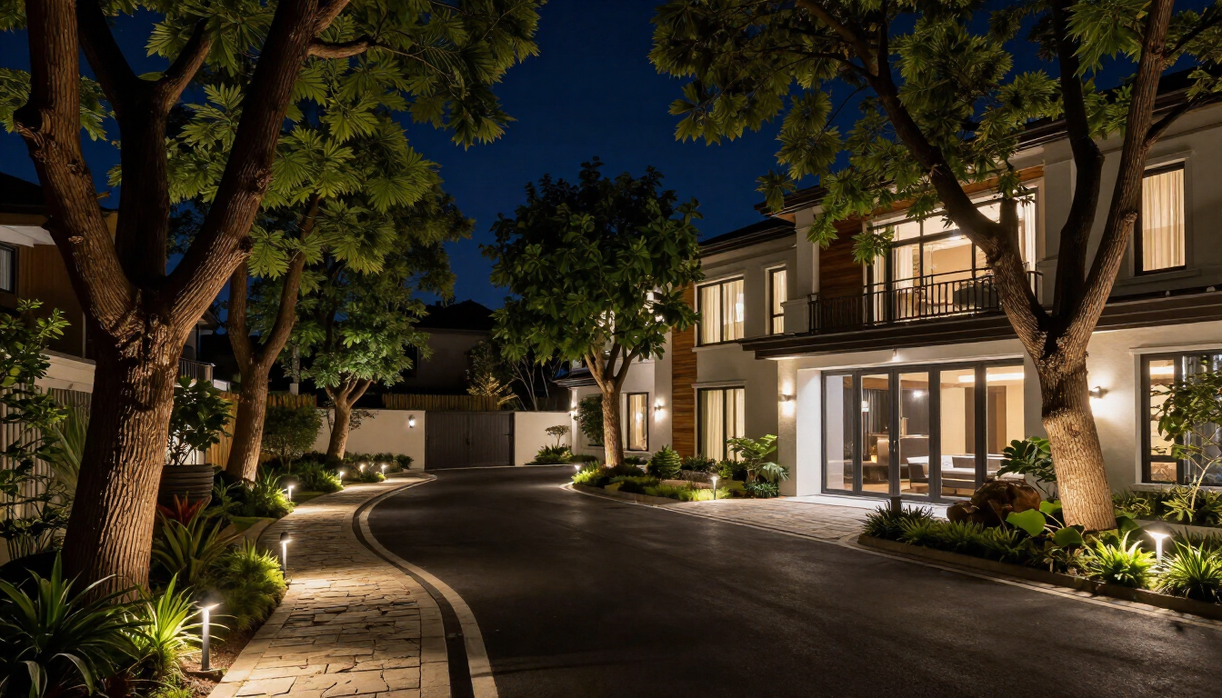 Lit-up modern homes along a curved driveway at night, framed by tall trees and warm exterior lighting.