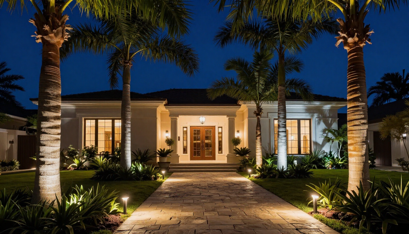 Illuminated modern home entrance at night with palm trees and a stone walkway