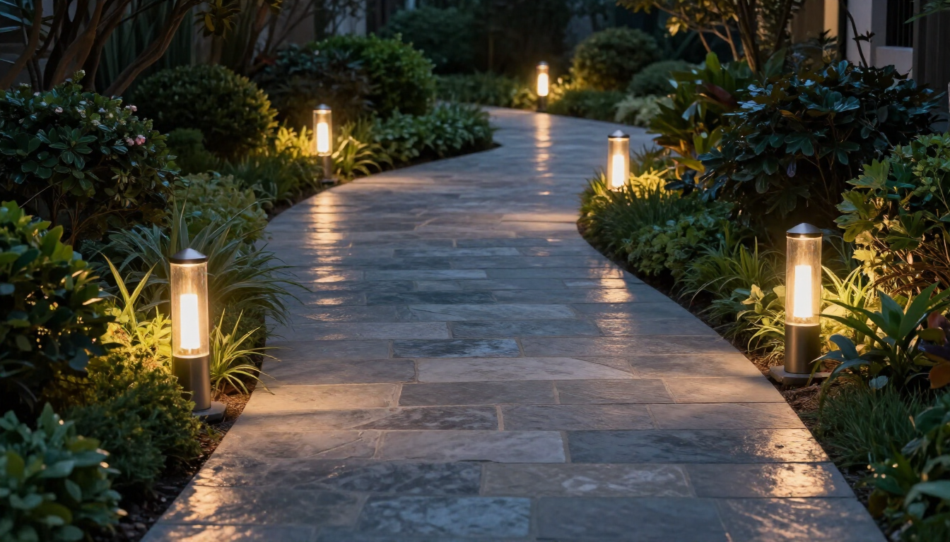 Curved stone garden path lit by small lanterns at dusk, surrounded by lush greenery