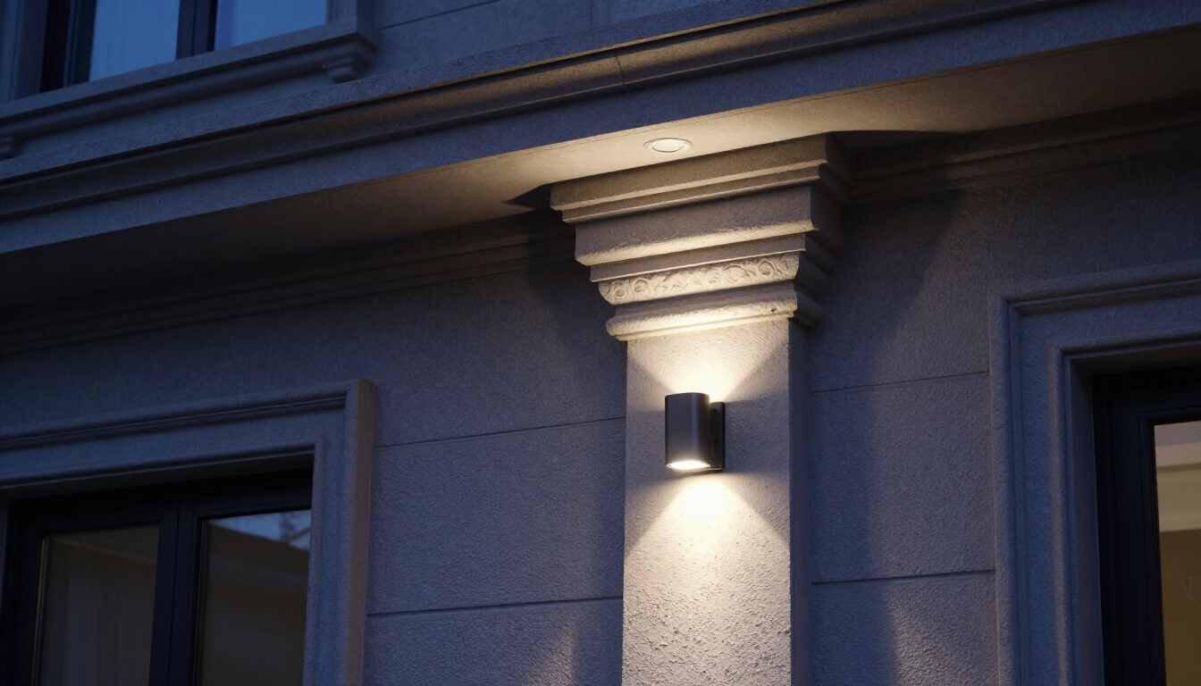 Lit wall sconce on a house exterior at dusk, casting light on the entryway