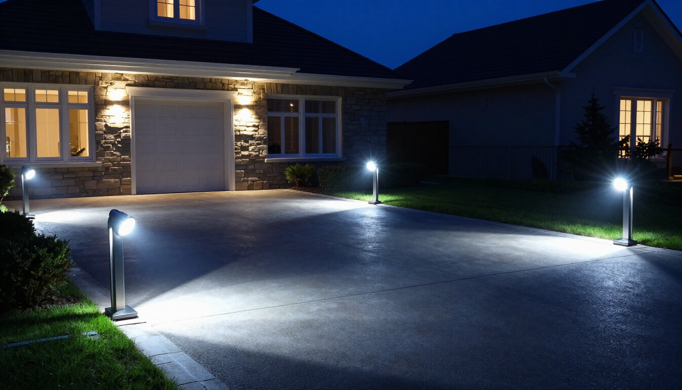 Lit suburban driveway and front yard at night with outdoor path lights near a house garage