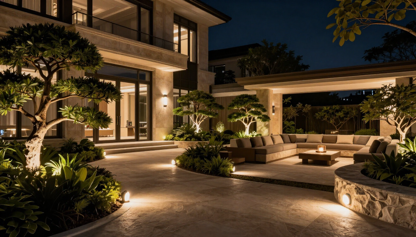 Modern luxury home exterior at night with warm landscape lighting and a covered patio seating area