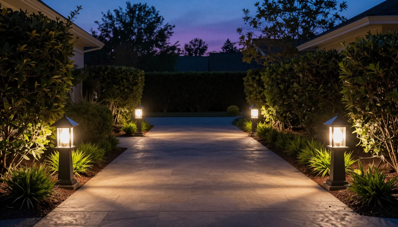Lit walkway between hedges at dusk with path lights and a purple sky backdrop